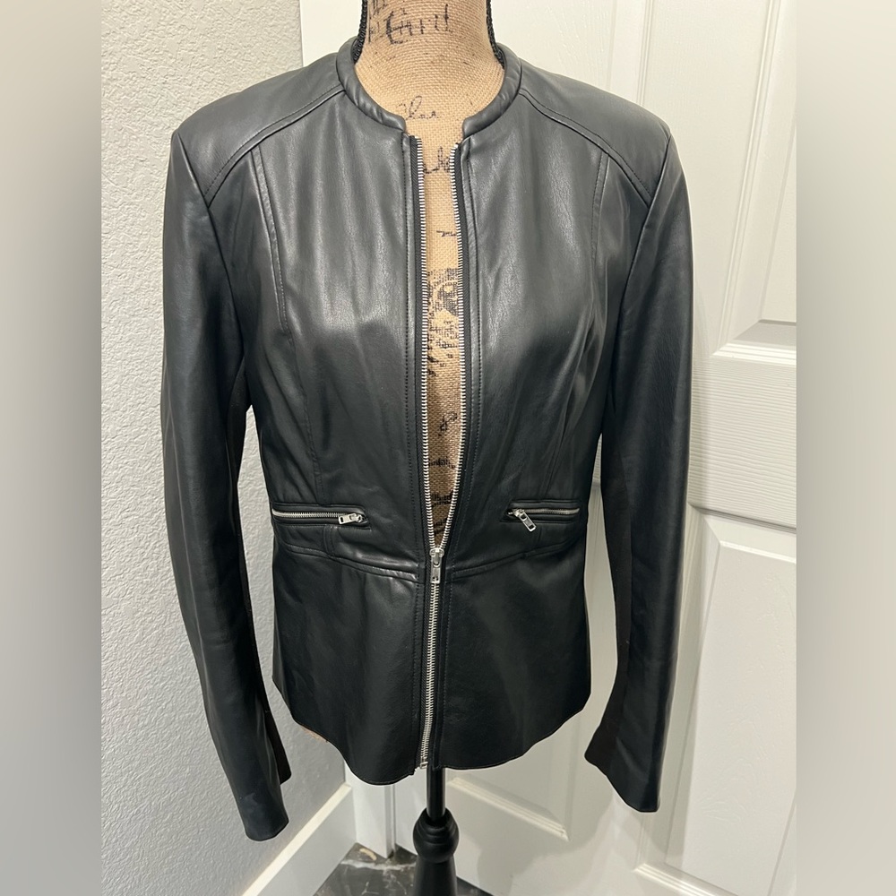 Venus Black Peplum Pleather Jacket Size 8